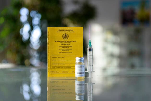 Ein klassischer analoger Impfpass steht neben einer Impfdosis und einer Spritze auf einem Tisch. Die EU-Staats- und Regierungschefs hatten am Donnerstag eine europäische Lösung beim Corona-Impfpass beschlossen. (Themenbild, Symbolbild)