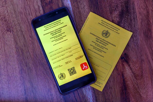 Eine mögliche Visualisierung des geplanten digitalen Impfpass liegt neben einem analogen Impfpass. Die EU-Staats- und Regierungschefs hatten am Donnerstag eine europäische Lösung beim Corona-Impfpass beschlossen. (Themenbild, Symbolbild)