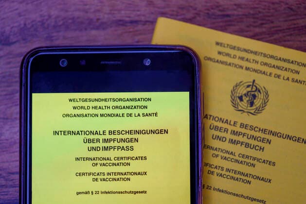 Eine mögliche Visualisierung des geplanten digitalen Impfpass liegt neben einem analogen Impfpass. Die EU-Staats- und Regierungschefs hatten am Donnerstag eine europäische Lösung beim Corona-Impfpass beschlossen. (Themenbild, Symbolbild)