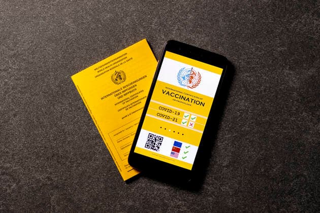 Eine mögliche Visualisierung des geplanten digitalen Impfpass liegt neben einem analogen Impfpass. Die EU-Staats- und Regierungschefs hatten am Donnerstag eine europäische Lösung beim Corona-Impfpass beschlossen. (Themenbild, Symbolbild)