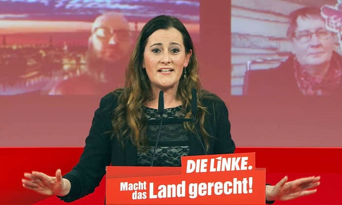 Deutschland, Berlin, 27.02.2021 Siebenter Parteitag Der Linke Foto: Janine Wissler (digitale Fotos der Uebertragung) Am 14.Maerz finden in Rheinland-Pfalz Landtagswahlen statt.