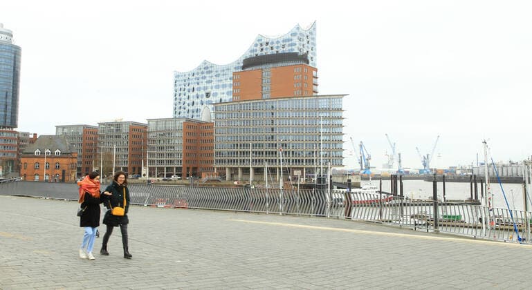 Fast menschenleere Hafenpromenade in Hamburg während des Lockdowns. Altstadt Hamburg