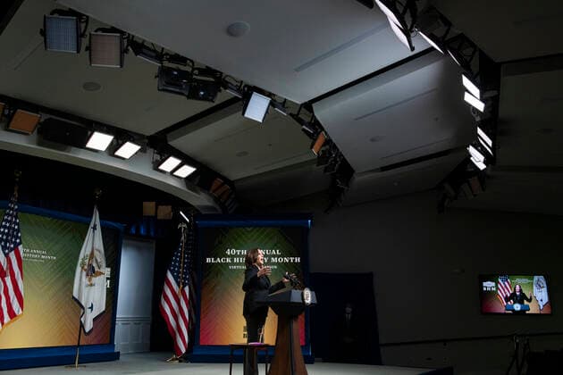 February 27, 2021, Washington, District of Columbia, USA: United States Vice President Kamala Harris delivers remarks at the 40th Annual Black History Month Virtual Celebration hosted by US House Majority Leader Steny Hoyer (Democrat of Maryland) in the South Court Auditorium of the White House in Washington, DC on Saturday, February 27, 2021 Washington USA - ZUMAs152 20210227_zaa_s152_016 Copyright: xRodxLamkeyx-xPoolxViaxCnpx