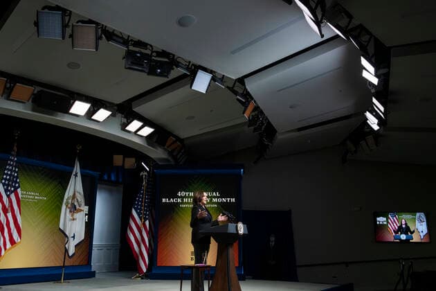 February 27, 2021, Washington, District of Columbia, USA: United States Vice President Kamala Harris delivers remarks at the 40th Annual Black History Month Virtual Celebration hosted by US House Majority Leader Steny Hoyer (Democrat of Maryland) in the South Court Auditorium of the White House in Washington, DC on Saturday, February 27, 2021 Washington USA - ZUMAs152 20210227_zaa_s152_015 Copyright: xRodxLamkeyx-xPoolxViaxCnpx