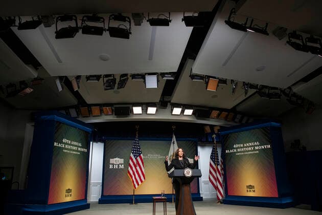 February 27, 2021, Washington, District of Columbia, USA: United States Vice President Kamala Harris delivers remarks at the 40th Annual Black History Month Virtual Celebration hosted by US House Majority Leader Steny Hoyer (Democrat of Maryland) in the South Court Auditorium of the White House in Washington, DC on Saturday, February 27, 2021 Washington USA - ZUMAs152 20210227_zaa_s152_019 Copyright: xRodxLamkeyx-xPoolxViaxCnpx