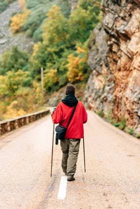 IMAGO Creative: Fit durch den Herbst Back view female hiker in warm clothes with photo camera practicing Nordic walk in autumn forest and looking away dreamily, Model released Copyright: xAlbertoxMenendezx MR
