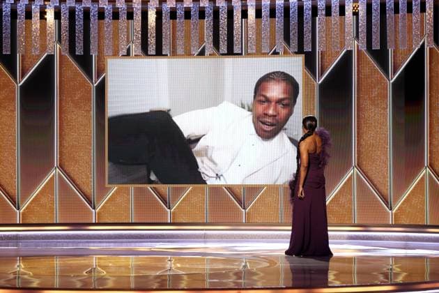 February 28, 2021, Beverly Hills, California, USA: (l-r) John Boyega accepts the Best Supporting Actor - Television award for ˜Small Axe™ via video from Angela Bassett at the 78th Annual Golden Globe Awards held at the Beverly Hilton Hotel. Beverly Hills USA  - ZUMA19.J 20210228_mda_z03_268 Copyright: xChristopherxPolkx