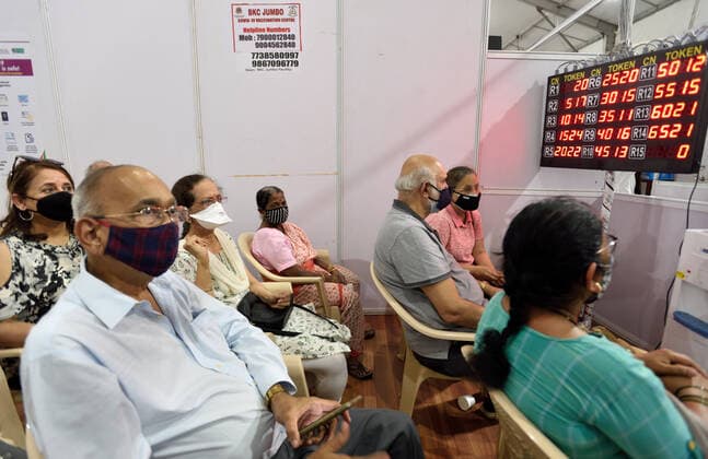 MUMBAI, INDIA - MARCH 1: Senior citizen waiting to get their first dose of a Covid-19 vaccination, at BKC on March 1, 2021 in Mumbai, India. India?s Covid-19 vaccination drive was extended today to include the elderly and those with co-morbidities. (Photo by Satish Bate Hindustan Times) Covid Vaccination Phase 2 Starts In India