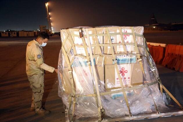 (210302) -- BAGHDAD, March 2, 2021 -- Photo taken on March 2, 2021 shows the COVID-19 vaccines donated by China at an airbase in Baghdad, Iraq. Iraq received a shipment of China s COVID-19 vaccines on Tuesday. ) IRAQ-BAGHDAD-COVID-19-CHINA-VACCINES-ARRIVAL KhalilxDawood 