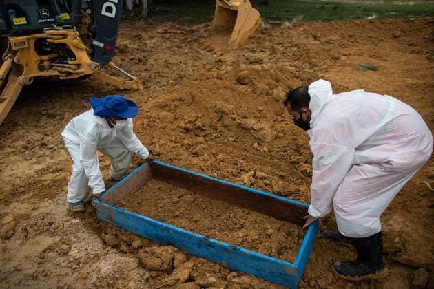 Workers prepare to dig a grave to bury a covid-19 victim at the Nossa Senhora Aparecida Cemetery, in Manaus, Amazonas, Brazil, 01 March 2021 (issued 02 March). Brazil is experiencing the worst moment of the coronavirus pandemic, with an explosion of cases and income that has led health authorities to demand more restriction measures throughout the country, while the president, Jair Bolsonaro, insists on denying the seriousness of a disease that already leaves more than 250,000 dead. Brazil is experiencing the worst moment of the pandemic with more than 250 thousand deaths !ACHTUNG: NUR REDAKTIONELLE NUTZUNG!  Copyright: xRaphaelxAlvesx AME9079 20210302-637502940909579047