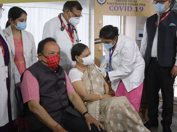 March 2, 2021, New Delhi, India: Nutan Goel wife of Indian Health Minister Dr. Harsh Vardhan receiving the first dose of Covid-19 vaccine COVAXIN during the second phase of the countrywide vaccination drive at Delhi Heart and Lung Institute..Health Minister said every beneficiary should get their second dose after 28 days of first dose after getting vaccinated. COVAXIN is the India first indigenous COVID-19 vaccine developed by Bharat Biotech. New Delhi India - ZUMAs197 20210302_zaa_s197_057 Copyright: xNaveenxSharmax