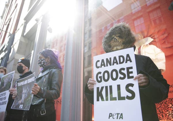 PETA protesters wearing skull masks and fake Canada Goose coats holds signs at a protest outside of a Canada Goose retail store in New York City on Wednesday, March 3, 2021. The protest is part of a week of action that will also include Canada Goose protests in Beverly Hills, California, Boston and Pittsburgh.  NYP20210303109 JohnxAngelillo