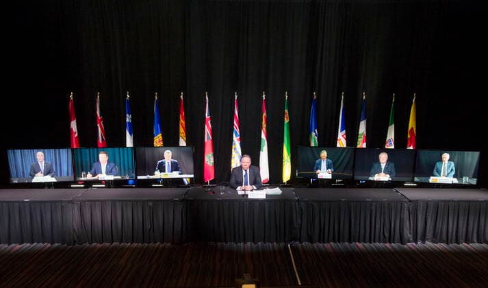 March 4, 2021, Montreal, PQ, Canada: Quebec Premier Francois Legault chairs a premiers virtual news conference Thursday, March 4, 2021 in Montreal. The premiers from the left are: John Horgan, B.C., Jason Kenney, Alberta, Scott Moe, Saskatchewan, Francois Legault, Quebec, , Brian Pallister, Manitoba, Doug Ford, Ontario, and Blaine Higgs, New Brunswick. Montreal Canada - ZUMAc35_ 20210304_zaf_c35_019 Copyright: xRyanxRemiorzx