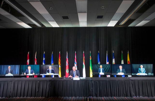 March 4, 2021, Montreal, PQ, Canada: Quebec Premier Francois Legault chairs a premiers virtual news conference Thursday, March 4, 2021 in Montreal. The premiers from the left are: John Horgan, B.C., Jason Kenney, Alberta, Scott Moe, Saskatchewan, Francois Legault, Quebec, , Brian Pallister, Manitoba, Doug Ford, Ontario, and Blaine Higgs, New Brunswick. Montreal Canada - ZUMAc35_ 20210304_zaf_c35_025 Copyright: xRyanxRemiorzx