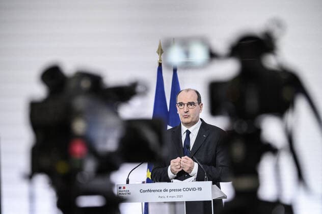 French Health Minister Olivier Veran and French Prime Minister Jean Castex hold a press conference on the French government s current strategy for the ongoing Covid-19 (novel cornavirus) pandemic, on March 4, 2021, in Paris. Le ministre francais de la sante Olivier Veran et le Premier ministre Jean Castex tiennent une conference de presse sur la strategie actuelle du gouvernement francais face a la pandemie actuelle de Covid-19 (nouveau cornavirus), le 4 mars 2021, a Paris. NEWS : Conference de presse du ministre de la Sante et du Premier ministre francais - 04 03 2021 POOL ELIOTBLONDET PANORAMIC  757977_005