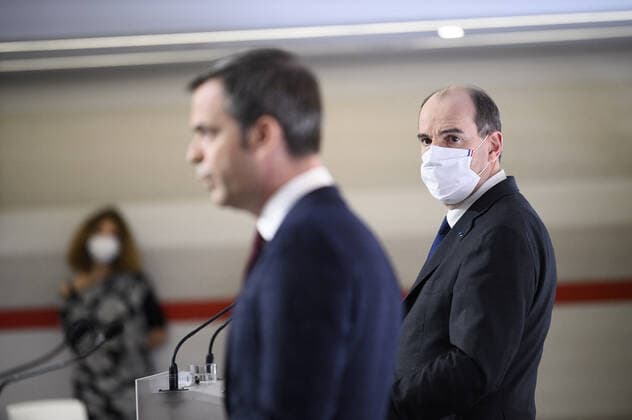 French Health Minister Olivier Veran and French Prime Minister Jean Castex hold a press conference on the French government s current strategy for the ongoing Covid-19 (novel cornavirus) pandemic, on March 4, 2021, in Paris. Le ministre francais de la sante Olivier Veran et le Premier ministre Jean Castex tiennent une conference de presse sur la strategie actuelle du gouvernement francais face a la pandemie actuelle de Covid-19 (nouveau cornavirus), le 4 mars 2021, a Paris. NEWS : Conference de presse du ministre de la Sante et du Premier ministre francais - 04 03 2021 POOL ELIOTBLONDET PANORAMIC  757977_027
