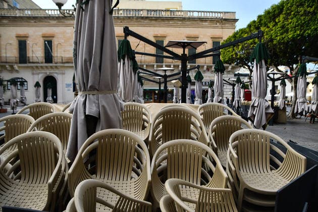 (210305) -- VALLETTA, March 5, 2021 -- Photo taken on March 5, 2021 shows closed dining area of a restaurant in Valletta, Malta. Malta has ordered the closure of the country s restaurants along with clubs, bars and places of entertainment until April 11 in a raft of measures to contain the spread of COVID-19, Prime Minister Robert Abela said on Thursday. (Photo by Xinhua) MALTA-VALLETTA-COVID-19-MEASURES JonathanxBorg 