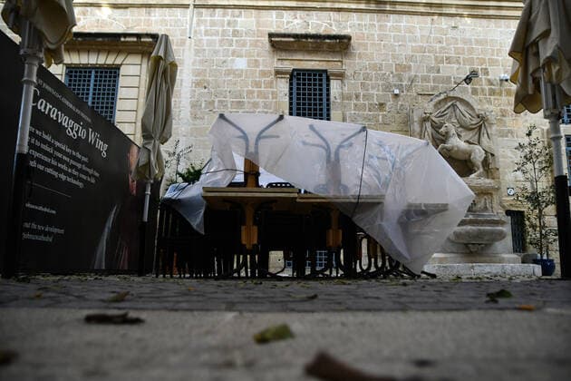 (210305) -- VALLETTA, March 5, 2021 -- Photo taken on March 5, 2021 shows closed dining area of a restaurant in Valletta, Malta. Malta has ordered the closure of the country s restaurants along with clubs, bars and places of entertainment until April 11 in a raft of measures to contain the spread of COVID-19, Prime Minister Robert Abela said on Thursday. (Photo by Xinhua) MALTA-VALLETTA-COVID-19-MEASURES JonathanxBorg 