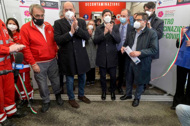 Inauguration of the new anti Covid vaccine center - 19 at Termini station in the photo Francesco Rocca Nicola ZIngaretti Roberto SPeranza Angelo Tanese Alessio D Amato cut the ribbon Editorial Usage Only  Copyright: xSTEFANOxCAROFEIx xIPAx