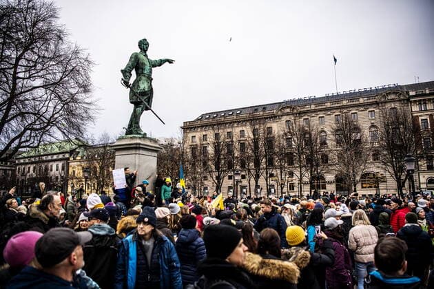 Hundreds of people had gathered in central Stockholm to protest against the coronavirus restrictions set by the Swedish government Saturday 6 March 2020 Six police officers we  Copyright: xBYRMOxCAROLINA Aftonbladetx Anti-covid freedom march Stockholm