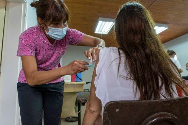 March 9, 2021, Firmat, Santa Fe, Argentina: An education worker receives a shot of the Sinopharm vaccine against COVID-19 inside San Martin Hospital. As the global immunization campaign carries-on, Argentina has now specifically targeted education workers ahead of the return to school. Firmat Argentina - ZUMAm105 20210309_zaf_m105_010 Copyright: xPatricioxMurphyx