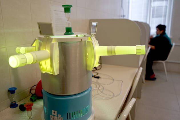 CHEBOKSARY, RUSSIA â€“ MARCH 9, 2021: A patient receives inhalation therapy in the Chuvashiyakurort sanatorium. The sanatorium delivers rehabilitation and care to patients after COVID-19. Chuvashiakurort offers hydrotherapy and mud bath therapy in combination with traditional sanatorium services and state-of-the-art medical technology. The unique feature of the sanatorium is therapeutic sapropelic mud from Kogoyar Lake, which is situated near the Volga River. Semyon Antonov TASS  TS0F8F18