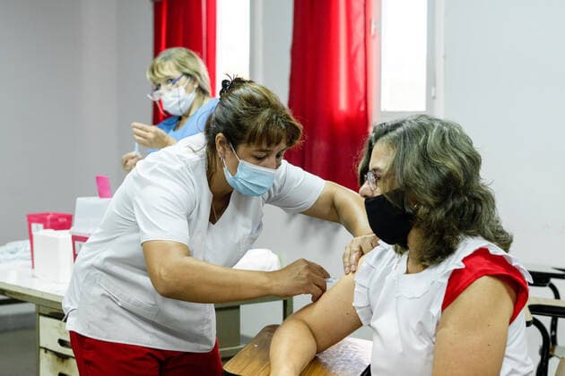 March 9, 2021, Firmat, Santa Fe, Argentina: An education worker gets a shot of the Chinese Sinopharm vaccine at San Martin Hospital as Argentina starts the immunization of education workers against COVID-19. Firmat Argentina - ZUMAs197 20210309_zaa_s197_018 Copyright: xPatricioxMurphyx