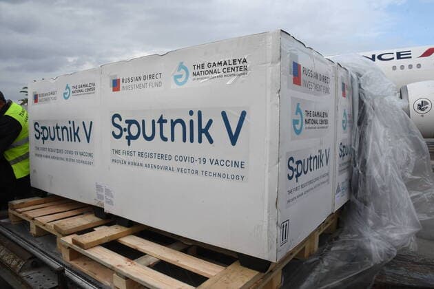 (210309) -- TUNIS, March 9, 2021 -- Photo taken on March 9, 2021 shows a batch of the COVID-19 vaccine at the Carthage International Airport in Tunis, Tunisia. Tunisia received 30,000 doses of the first batch of Russia s Sputnik V vaccine against COVID-19 on Tuesday. (Photo by Xinhua) TUNISIA-TUNIS-COVID-19 VACCINE-ARRIVAL AdelxEzzine 
