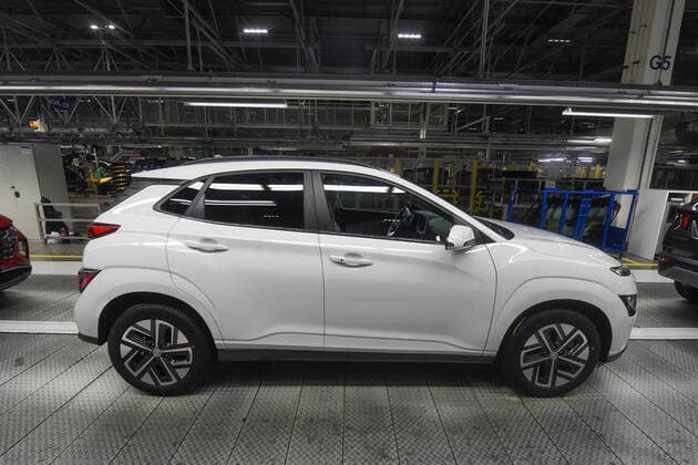 Hyundai Motor Manufacturing Czech (HMMC) celebrates one year production of the fuly-electric compact SUV Kona Electric at its Czech manufacturing plant in Nosovice, Czech Republic, March 8, 2021. Plant produces 30.000 electric vehicles. Hyundai is leading provider of electro-mobility solutions in Europe. (CTKxPhoto JaroslavxOzana) CTKPhotoP202103090384001  JAO 05