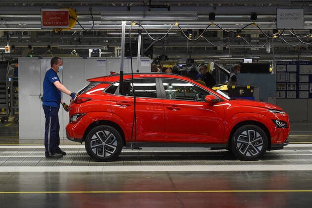 Hyundai Motor Manufacturing Czech (HMMC) celebrates one year production of the fuly-electric compact SUV Kona Electric at its Czech manufacturing plant in Nosovice, Czech Republic, March 8, 2021. Plant produces 30.000 electric vehicles. Hyundai is leading provider of electro-mobility solutions in Europe. (CTKxPhoto JaroslavxOzana) CTKPhotoP202103090392101  JAO 09
