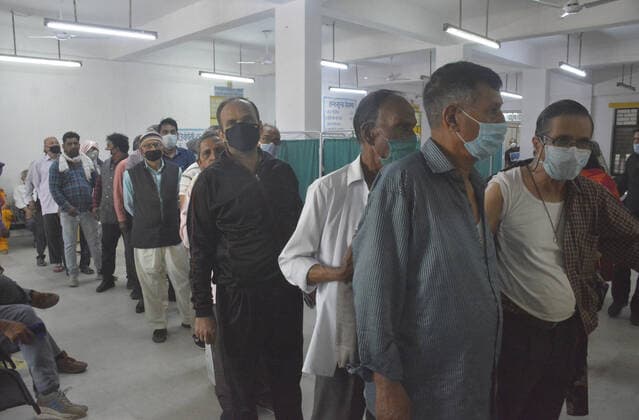 GHAZIABAD, INDIA - MARCH 9: Senior citizens queue during a Covid-19 vaccination drive at District Combined Hospital, Sanjay Nagar, on March 9, 2021 in Ghaziabad, India. (Photo by Sakib Ali Hindustan Times )