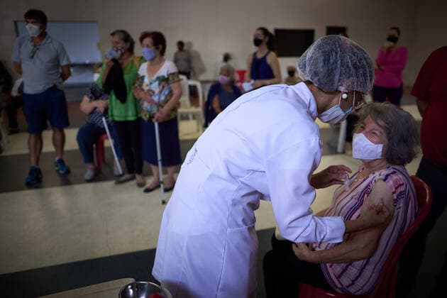 March 10, 2021, Franca, Sao Paulo, Brazil: Elderly between 85 and 89 years old receive the second dose of the vaccine against covid-19 in Franca, Sao Paulo, Brazil, on March 10, 2021. Franca Brazil - ZUMAv129 20210310_znp_v129_017 Copyright: xIgorxDoxValex