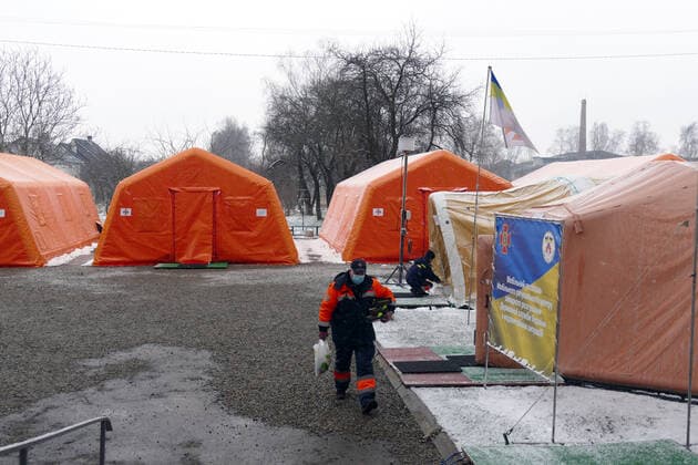 BOHORODCHANY, UKRAINE - MARCH 10, 2021 - The mobile hospital of the Rapid Response Centre of the State Emergency Service set up outside the Bohorodchany Central District Hospital starts admitting first COVID-19 patients, Bohorodchany urban-type settlement, Ivano-Frankivsk Region, western Ukraine. Mobile hospital of State Emergency Service in Bohorodchany  Copyright: xYuriixRylchukx