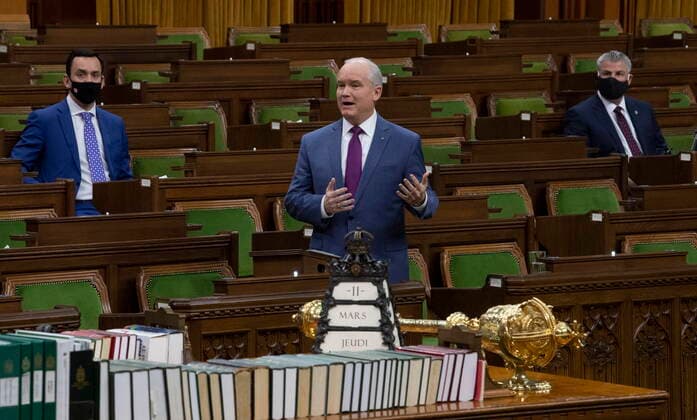 March 11, 2021, Ottawa, on, Canada: Leader of the Opposition Erin O Toole rises to deliver a statement on the National Day of Observance of COVID-19, to recognize victims and the impacts of pandemic, in the House of Commons, in Ottawa, Thursday, March 11, 2021. Ottawa Canada - ZUMAc35_ 20210311_zaf_c35_018 Copyright: xAdrianxWyldx