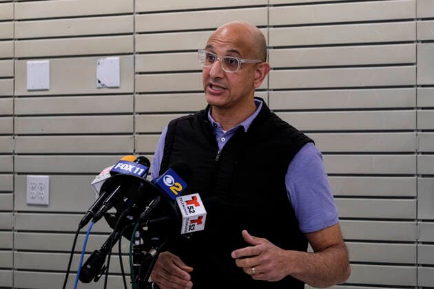 March 11, 2021, Los Angeles, California, USA: California Health and Human Services Secretary Dr. Mark Ghaly speaks to media after receiving the new one-shot Johnson & Johnson COVID-19 vaccine at a vaccination event at Baldwin Hills Crenshaw Plaza in Los Angeles on March 11, 2021. The event was hosted by the California Department of Public Health and FEMA (Federal Emergency Management Agency). The Johnson & Johnson vaccine is now the third coronavirus vaccine to receive emergency approval for use in the United States. Los Angeles USA - ZUMAc68_ 20210311_zaf_c68_008 Copyright: xRingoxChiux