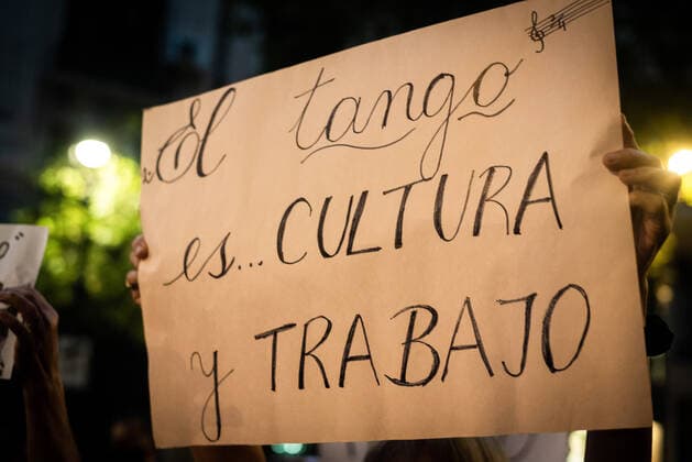 March 11, 2021, Buenos Aires, Argentina: A protester holds a placard that says Tango is culture and work during the demonstration..Tango workers gathered at the doors of the Ministry of Culture to ask for the resumption of activity in the City of Buenos Aires and show that they have been unable to work for a year. Buenos Aires Argentina - ZUMAs197 20210311_zaa_s197_138 Copyright: xAlejoxManuelxAvilax