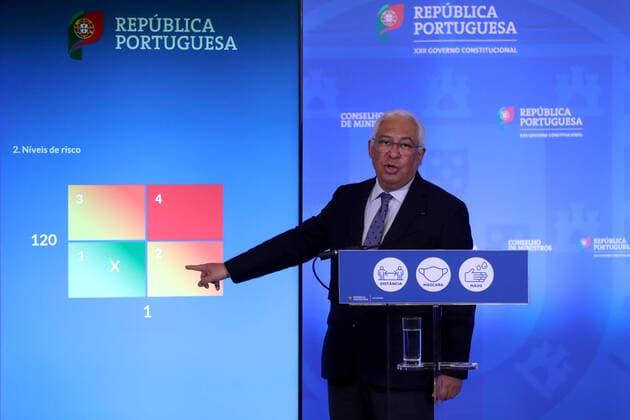 (210312) -- LISBON, March 12, 2021 -- Portuguese Prime Minister Antonio Costa holds a press conference to announce the plan to gradually ease COVID-19 lockdown at the Ajuda National Palace in Lisbon, Portugal, on March 11, 2021. Portuguese Prime Minister Antonio Costa announced on Thursday the country s schedule of reopening after more than two months of lockdown to contain the COVID-19 pandemic, pledging that it will be a prudent, cautious and gradual reopening. (Photo by Xinhua) PORTUGAL-LISBON-PM-PRESS CONFERENCE-COVID-19 PedroxFiuza 