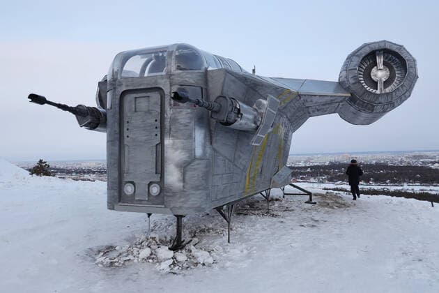YAKUTSK, SAKHA REPUBLIC (YAKUTIA), RUSSIA - MARCH 12, 2021: A view of a mockup of the Razor Crest spaceship from The Mandalorian drama series set within the Star Wars universe. Fans have built the replica in several months. The length of the mockup is 14 m, its width is 10 m and its height is 4 m; it weighs over a tonne. Vadim Skryabin TASS  TS0F9319