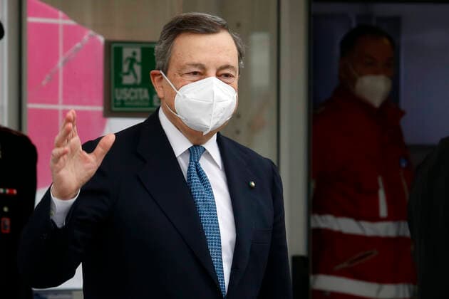 The Italian premier Mario Draghi visits the vaccination center of Fiumicino. Rome (Italy), March 12th 2021 Photo Samantha Zucchi Insidefoto SamanthaxZucchi