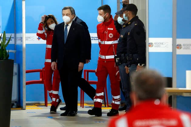 The Italian premier Mario Draghi visits the vaccination center of Fiumicino. Rome (Italy), March 12th 2021 Photo Samantha Zucchi Insidefoto SamanthaxZucchi