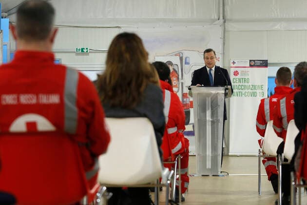 The Italian premier Mario Draghi visits the vaccination center of Fiumicino. Rome (Italy), March 12th 2021 Photo Samantha Zucchi Insidefoto SamanthaxZucchi