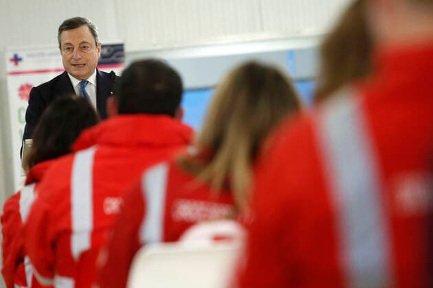 The Italian premier Mario Draghi visits the vaccination center of Fiumicino. Rome (Italy), March 12th 2021 Photo Samantha Zucchi Insidefoto SamanthaxZucchi