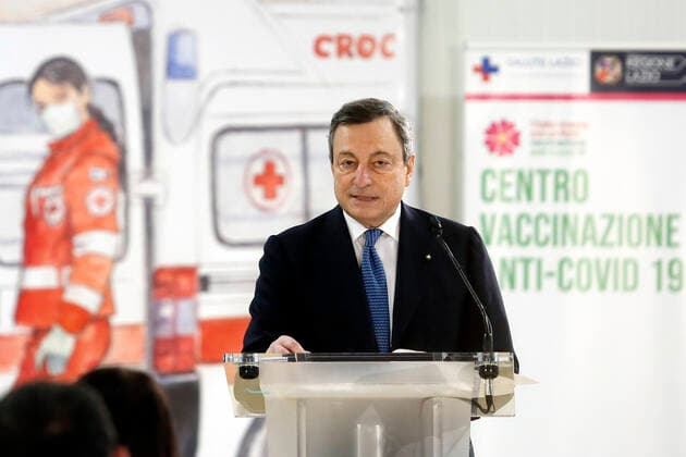 The Italian premier Mario Draghi visits the vaccination center of Fiumicino. Rome (Italy), March 12th 2021 Photo Samantha Zucchi Insidefoto SamanthaxZucchi