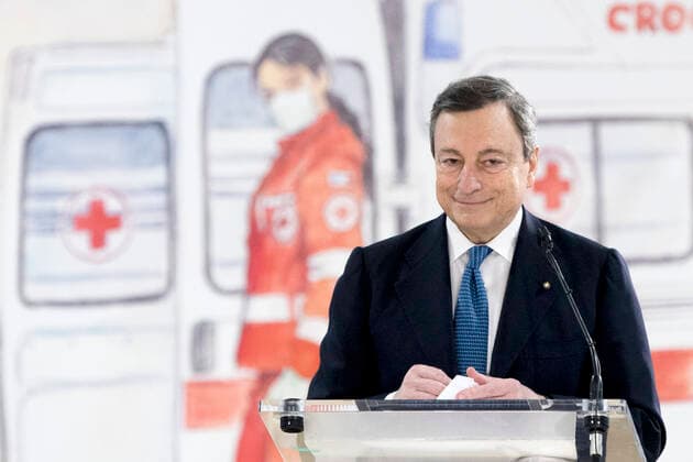 (210313) -- ROME, March 13, 2021 () -- Italian Prime Minister Mario Draghi speaks at the mass COVID-19 vaccination hub at Fiumicino Airport in Italy, on March 12, 2021. Speaking at a COVID-19 hub at the Fiumicino international airport in the Italian capital on Friday, Prime Minister Mario Draghi pledged to accelerate the national vaccination campaign, which has reached some 6.3 million people so far, according to government s figures. (Pool via ) ITALY-ROME-PM-COVID-19 VACCINATION HUB-VISIT Xinhua 