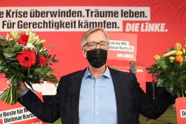 News Bilder des Tages Blick am Sonnabend (13.03.2021) in Demmin (Landkreis Mecklenburgische Seenplatte) auf die Landesvertreterversammlung der Partei die Linke. Bei der Veranstaltung mehr als 100 Vertreter anwesend. Sie wählten die Kandidaten für die Landtags- und Bundestagswahl im Jahr 2021. Im Bild Dietmar Bartsch Mitglied des Deutschen Bundestages