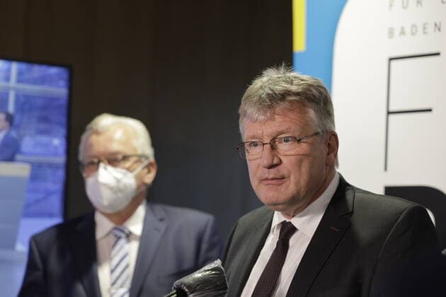 LTWBW21. Landtagswahl Baden-Württemberg. Jörg Meuthen (Parteivorsitzender). Links Bernd GÖGEL (MdL, AfD-Fraktionsvorsitzender). Deutschland, Baden-Württemberg, Stuttgart, 14.03.2021.