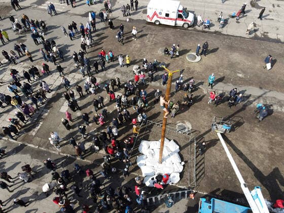 SIEVIERODONETSK, UKRAINE - MARCH 14, 2021 - People are gathered around a tall pole during the celebration of Pancake Week, or Masliana, Sievierodonetsk, Luhansk Region, eastern Ukraine. Pancake Week in Sievierodonetsk  Copyright: xOleksiixKovalovx