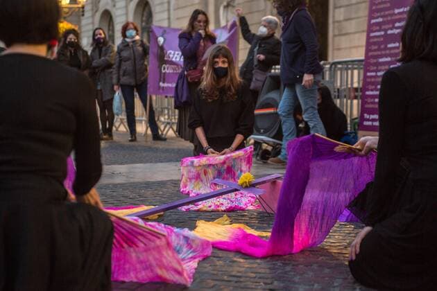 March 15, 2021, Barcelona, Spain: Women are seen performing during the demonstration,.The collective of Mexican women in Barcelona, Mexican Fury (Furia Mexicana) have convened in front of the town hall as they protest against feminicide and sexist violence in Mexico and paid tribute to various victims of feminicide in Mexico in the last year. Barcelona Spain - ZUMAs197 20210315_zaa_s197_131 Copyright: xThiagoxPrudenciox