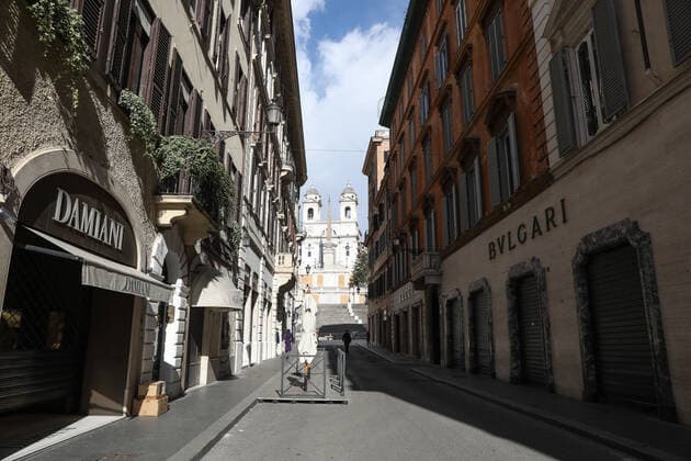 (210316) -- ROME, March 16, 2021 -- Shops are seen closed on Via dei Condotti in Rome, Italy, March 15, 2021. Italy entered into a new period of semi-lockdown on Monday, with over half of its 20 regions falling into the red zone and subject to the maximum level of restrictions. ) ITALY-ROME-COVID-19-SEMI-LOCKDOWN ChengxTingting 