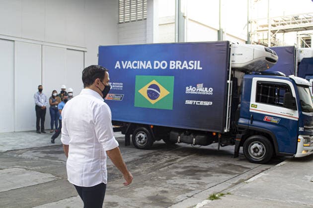 The delivery of CORONAVAC Vaccine to Brazilian Ministry of Health. The delivery of CORONAVAC Vaccine to Brazilian Ministry of Health. March 17, 2021, Sao Paulo, Brazil: The Governor of Sao Paulo, Joao Doria, participates in the delivery of over 2 million doses of Butantan Institute vaccine against coronavirus to the PNI (National Immunization Program) of Brazilian Ministry of Health. With the new shipment, the total number of vaccines offered by Butantan to the PNI reaches 22.6 million doses since the beginning of deliveries, on January 17. This week alone, Butantan released more than 5 million doses to the Ministry of Health, at the Butantan Institute (in front of CPV - Vaccine Production Center). The delivery of CORONAVAC Vaccine to Br  Copyright: xLecoxVianax